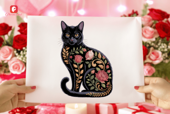 Download Pink Rose Botanical Black Floral Cat PNG - Floral Collection