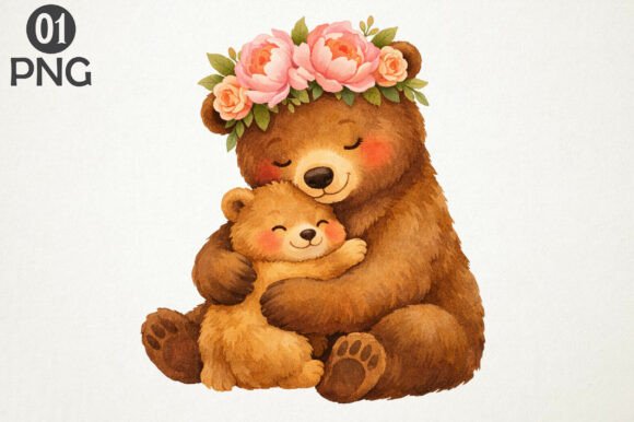 Download Cute Bear Mom Baby Floral Clipart PNG - Floral Collection