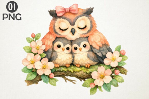Download Cute Owl Family Floral Clipart PNG Art - Floral Collection
