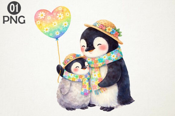 Download Cute Penguin Mom Baby Floral Clipart PNG - Floral Collection